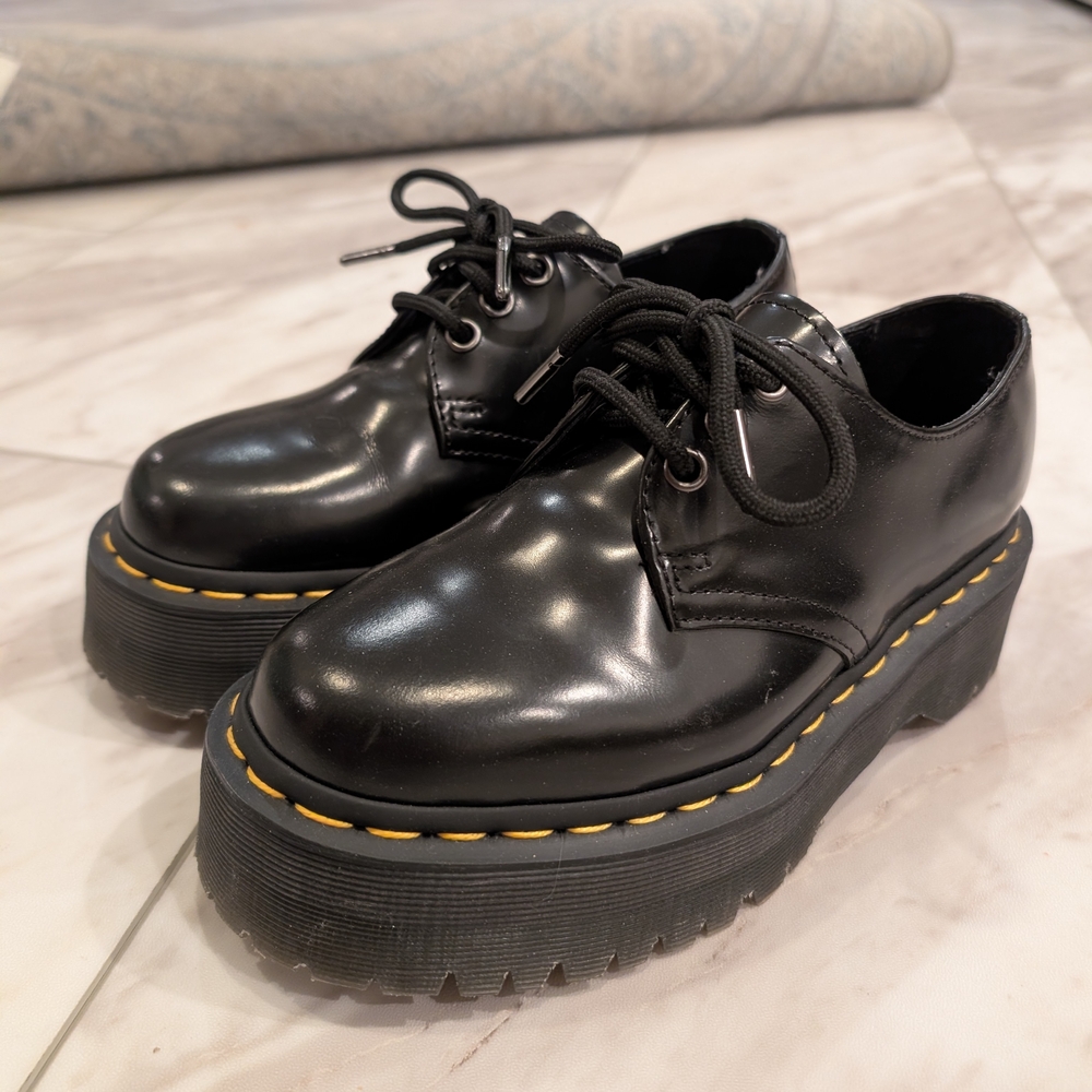 Dr. Martens Black Platform Shoes with Yellow Stitching